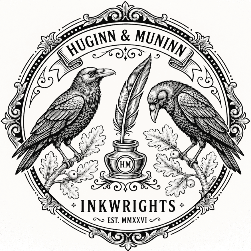 Huginn & Muninn, Inkwrights — two ravens flanking a quill in an inkwell, oak galls below, est. MMXXVI